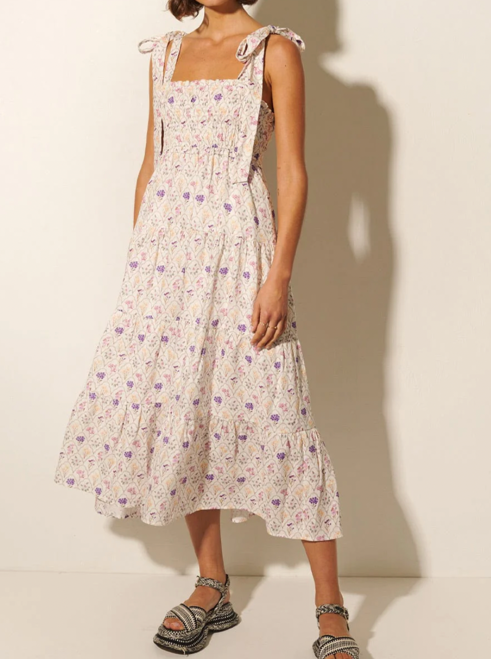 Fleur Shirred Midi Dress - Purple Pink Ditsy Fleur Shirred Midi Dress - Purple Pink Ditsy