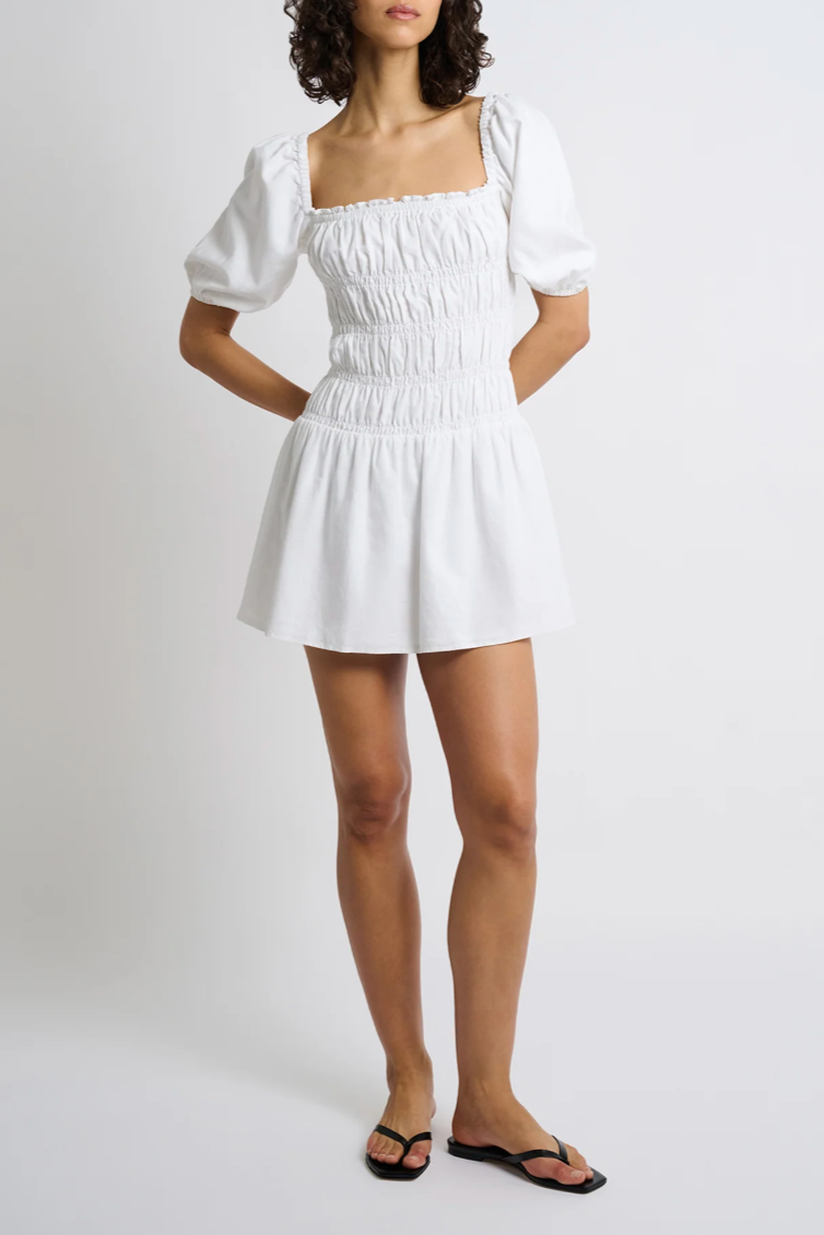 Air Linen Smocked Mini Dress - White Air Linen Smocked Mini Dress - White