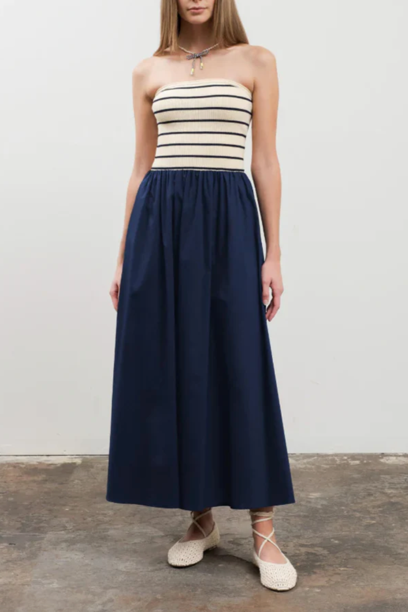 Strapless Striped Sweater Midi Dress - Navy | Salt Nantucket Salt Boutique Strapless Striped Sweater Midi Dress - Navy | Salt Nantucket Salt Boutique