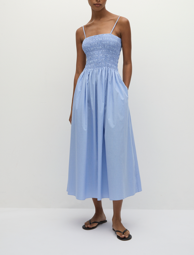 faithfull the brand blue midi dress Faithfull | Palomar Midi Dress Mico Pinstripe Azul | Women's Midi Dress