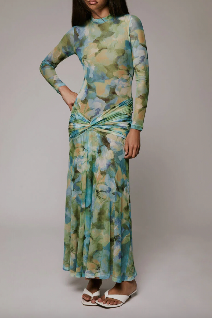 floral shirred mesh dress socialite Bardot Lea Floral Mesh Dress