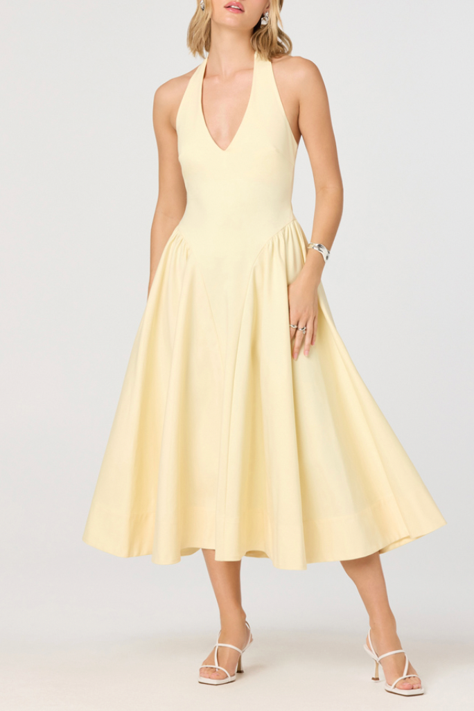 ASTR Women's Basque Waist V-Neck Dress - Lemon - M