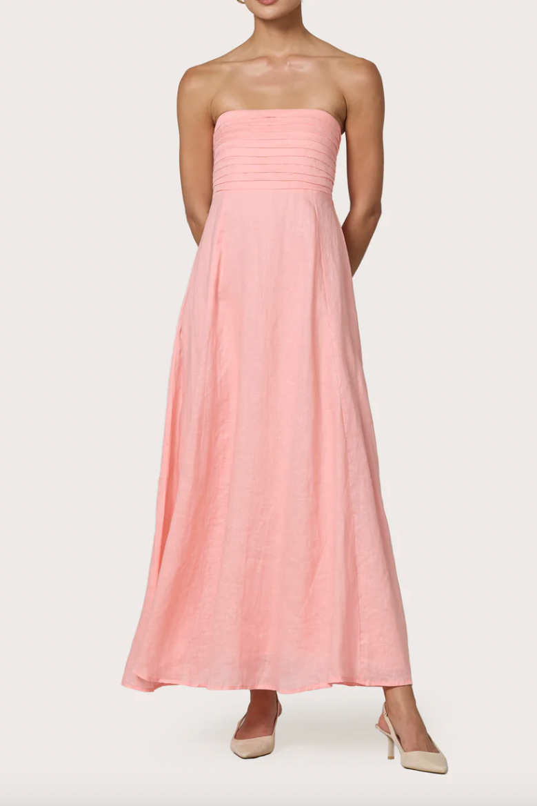peach linen dress Talia Maxi Sl Fashions Petite V-neck The bodice features a Detachable puffy sleeves Color:SLATE