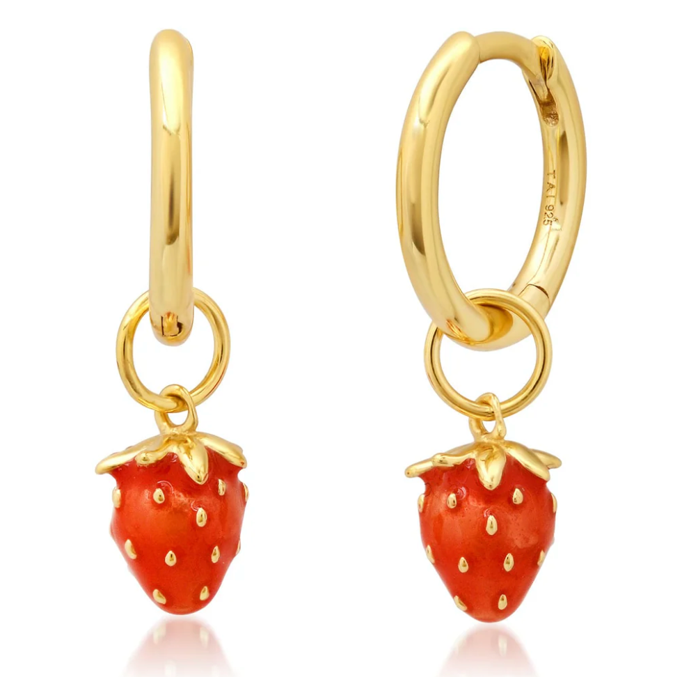 Gold Vermeil Huggie - 8.5 mmm w/ enamel strawberry dangle