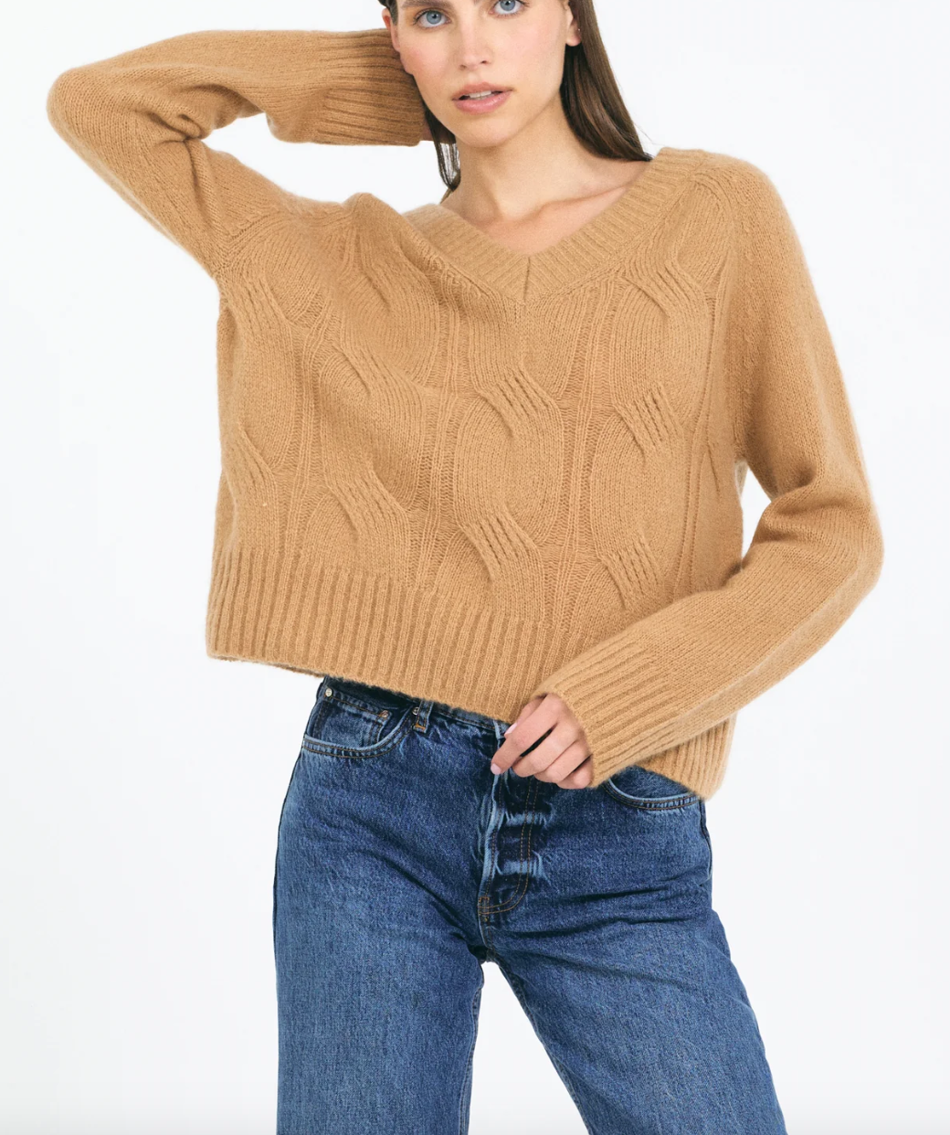 Mabel Cable V-neck Pullover - Chestnut