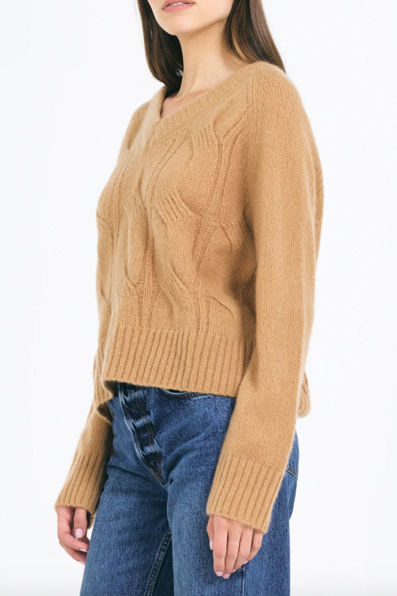 Mabel Cable V-neck Pullover - Chestnut