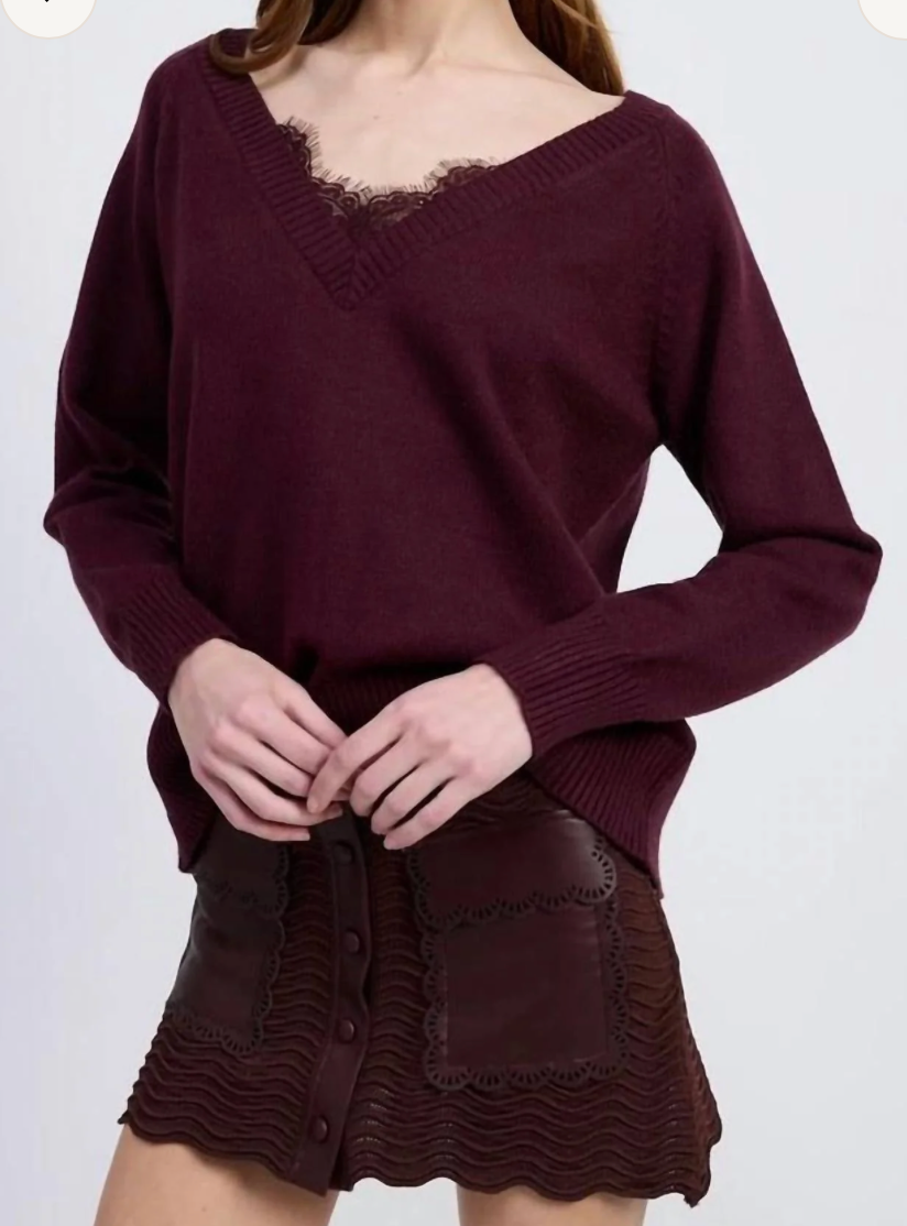 Lace Peekaboo Raglanknit Sweater - Bordeaux