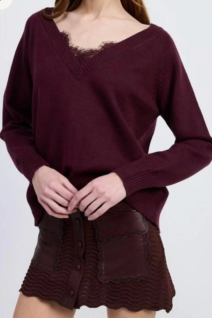 Lace Peekaboo Raglanknit Sweater - Bordeaux