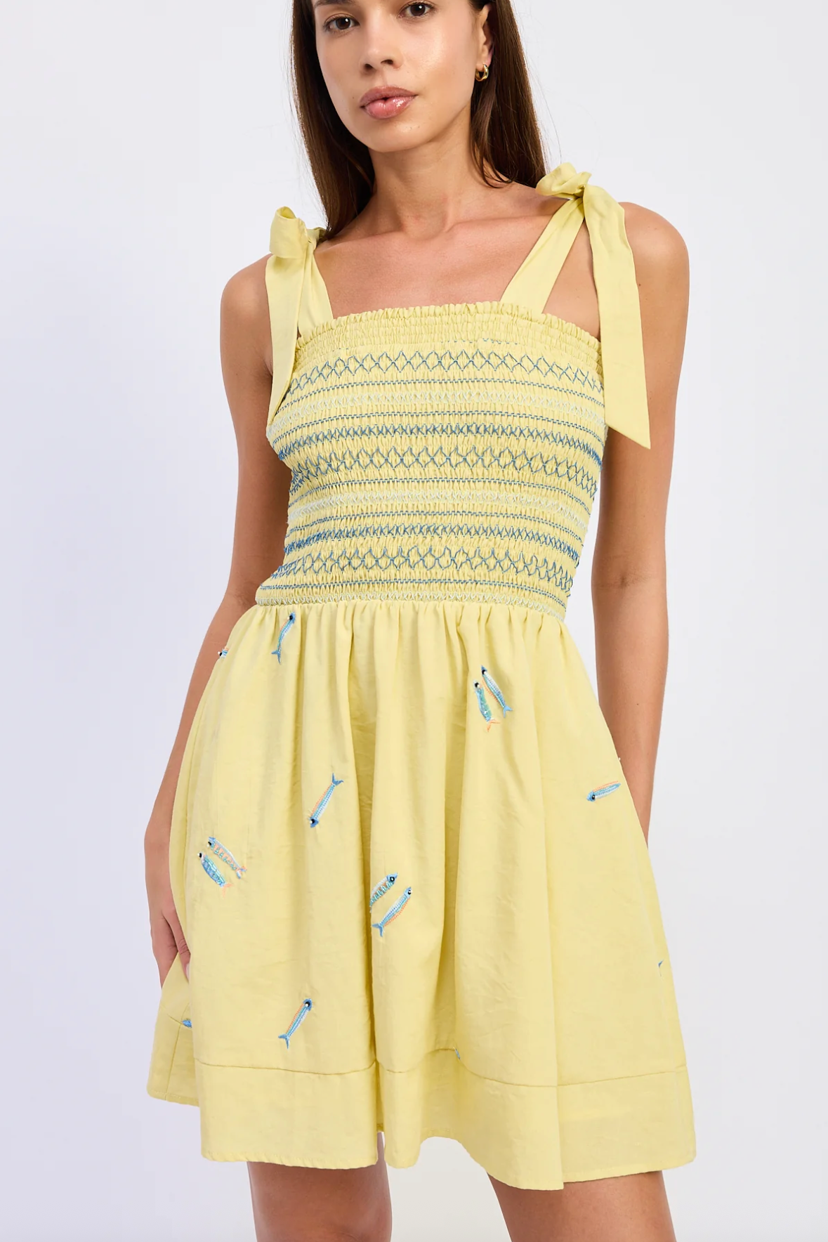 Tie Top Smocked Dress - Yellow/Blue Multi