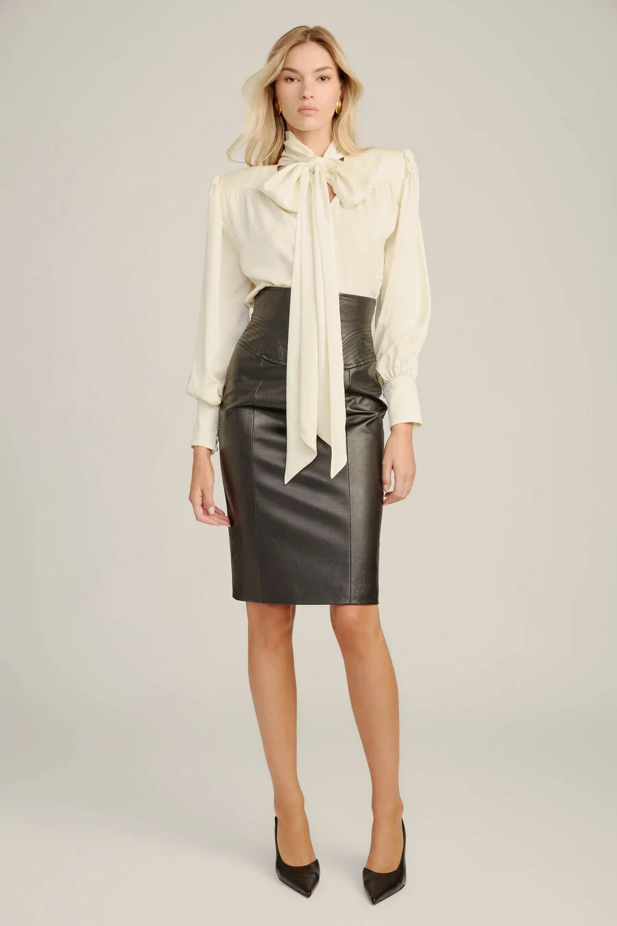 Revana Satin Tie Neck Blouse- Ivory