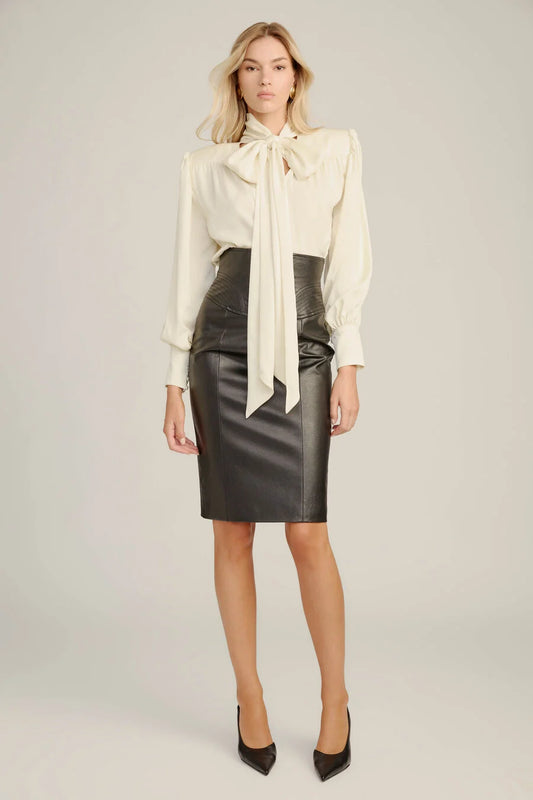 Revana Satin Tie Neck Blouse- Ivory