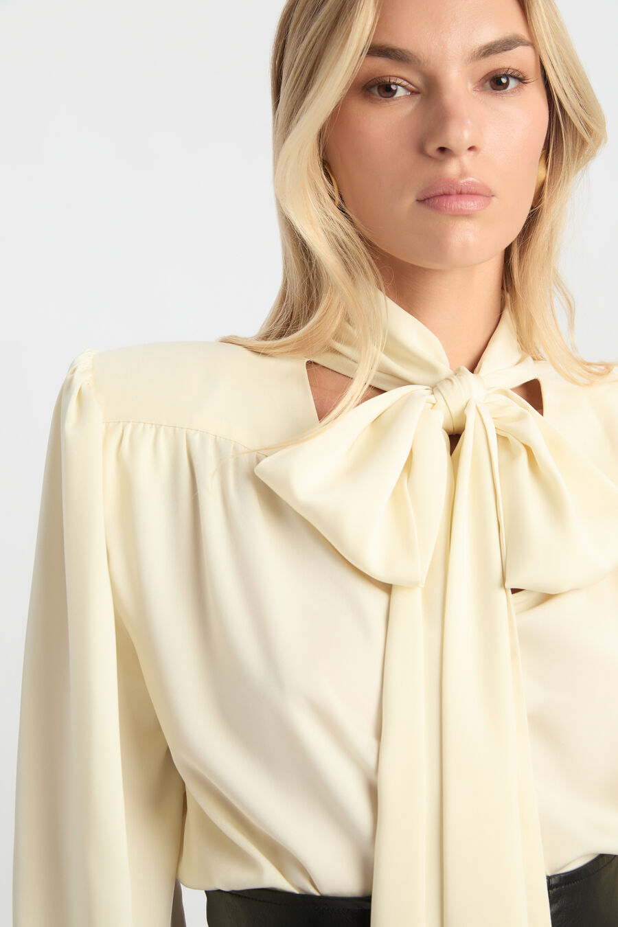 Revana Satin Tie Neck Blouse- Ivory