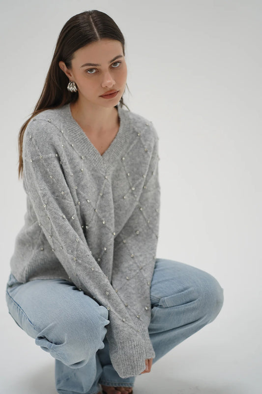 Noma Rhinestone Sweater - Silver Grey