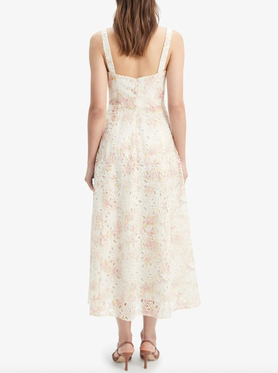 lilah eyelet corset midi dress Lilah Corset Midi Dress In Yellow Daisy