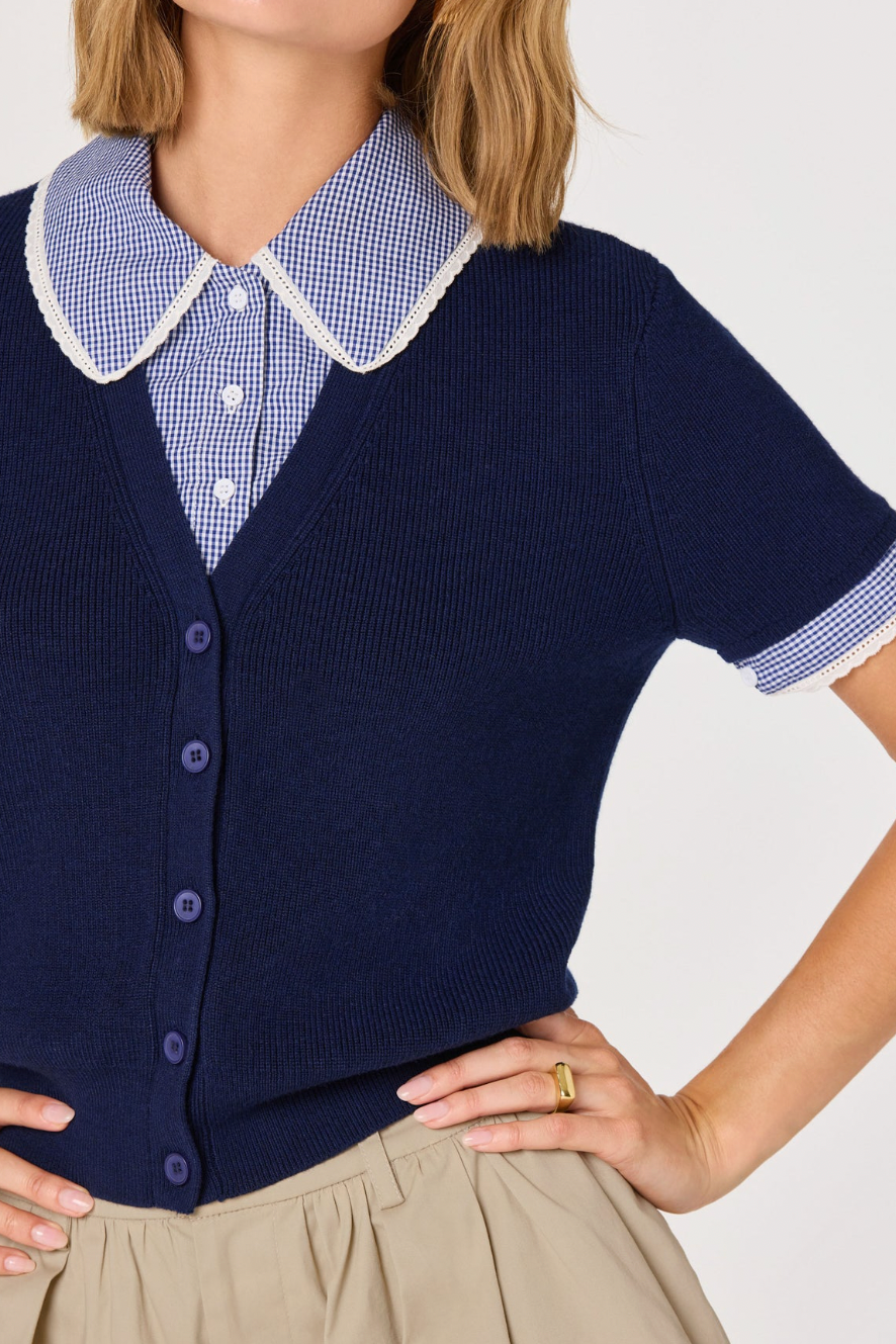 Marlee Mixed Media Cardigan with Gingham Collar
