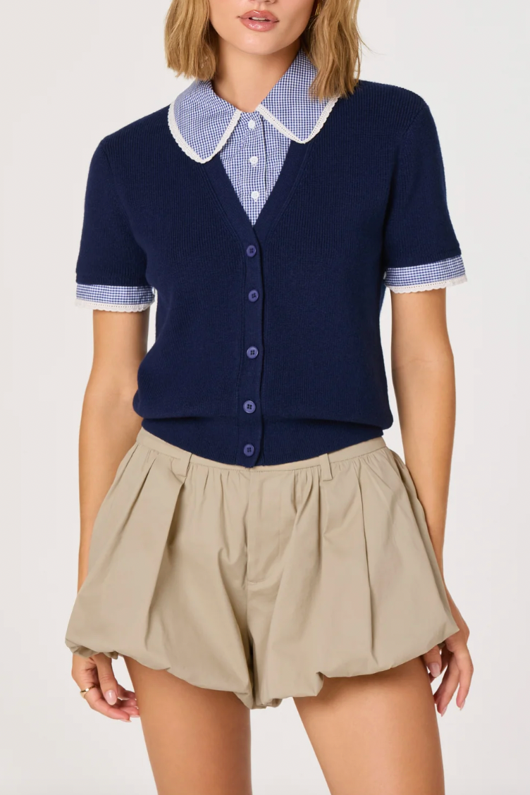 Marlee Mixed Media Cardigan with Gingham Collar