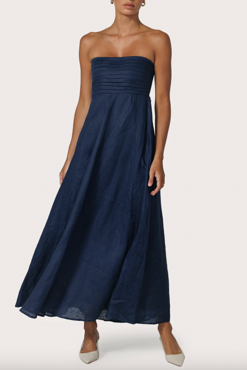 Talia Linen Pintuck Maxi Dress - Navy