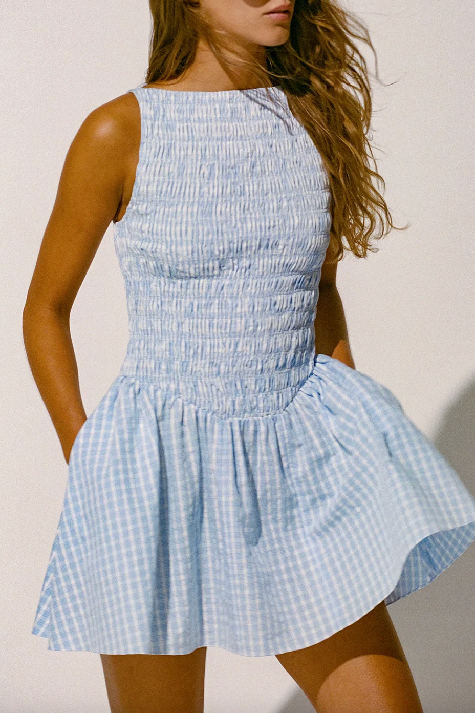 babaton hamptons mini dress Martina Mini Dress - Paloma Check Light Blue White