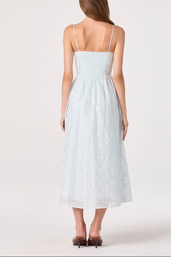 ASTR the Label | Aubrey Eyelet Embroidered Sweetheart Midi Dress in Powder Blue