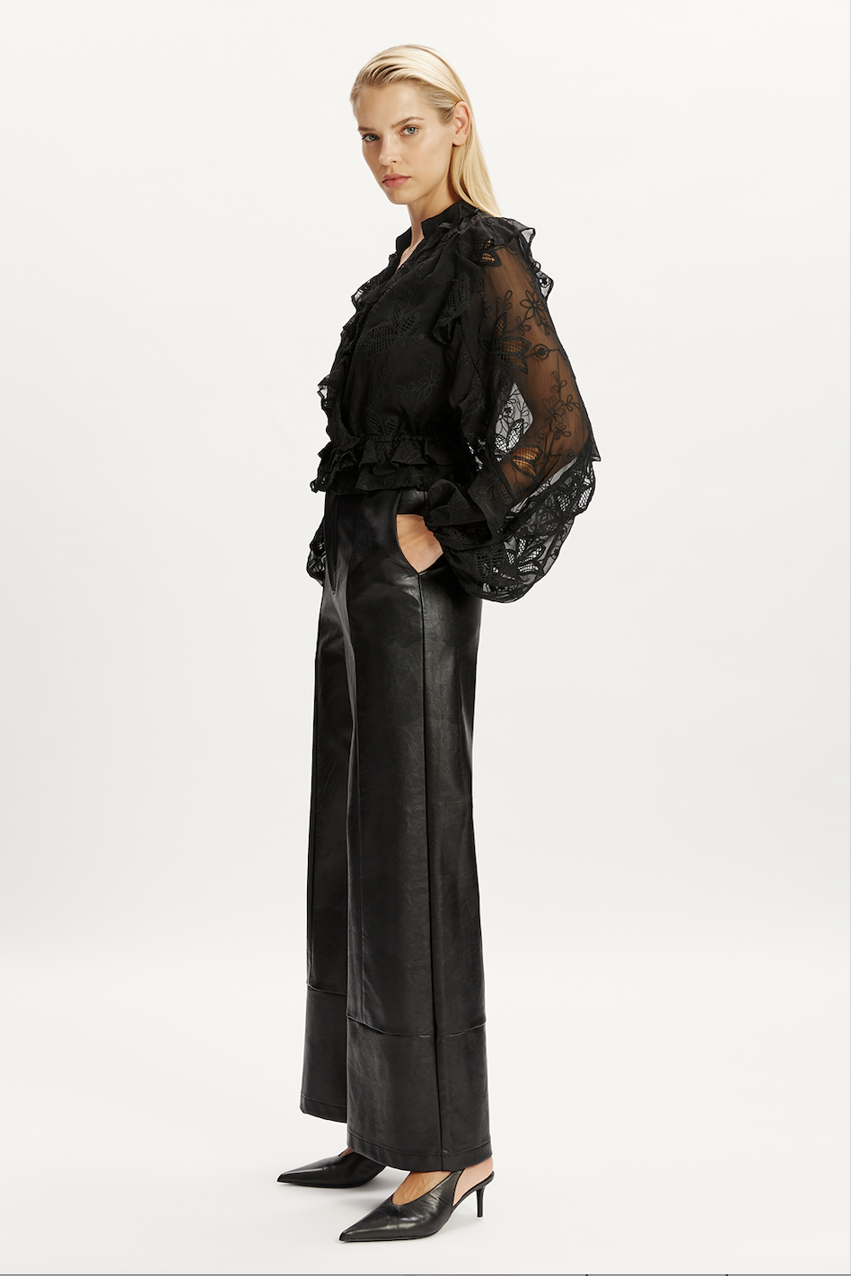 Frill Embroidered Blouse - Black
