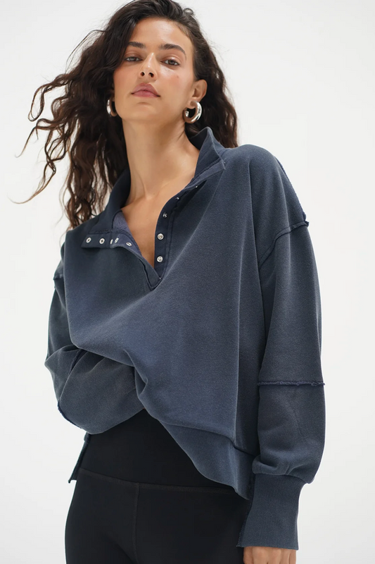 Hallie Snap Collar Pullover - Stone Wash Navy