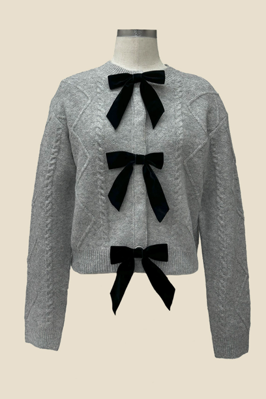 Cable Velvet Ribbon Cardigan - Grey