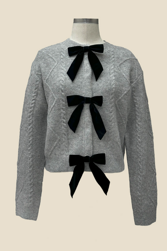 Cable Velvet Ribbon Cardigan - Grey