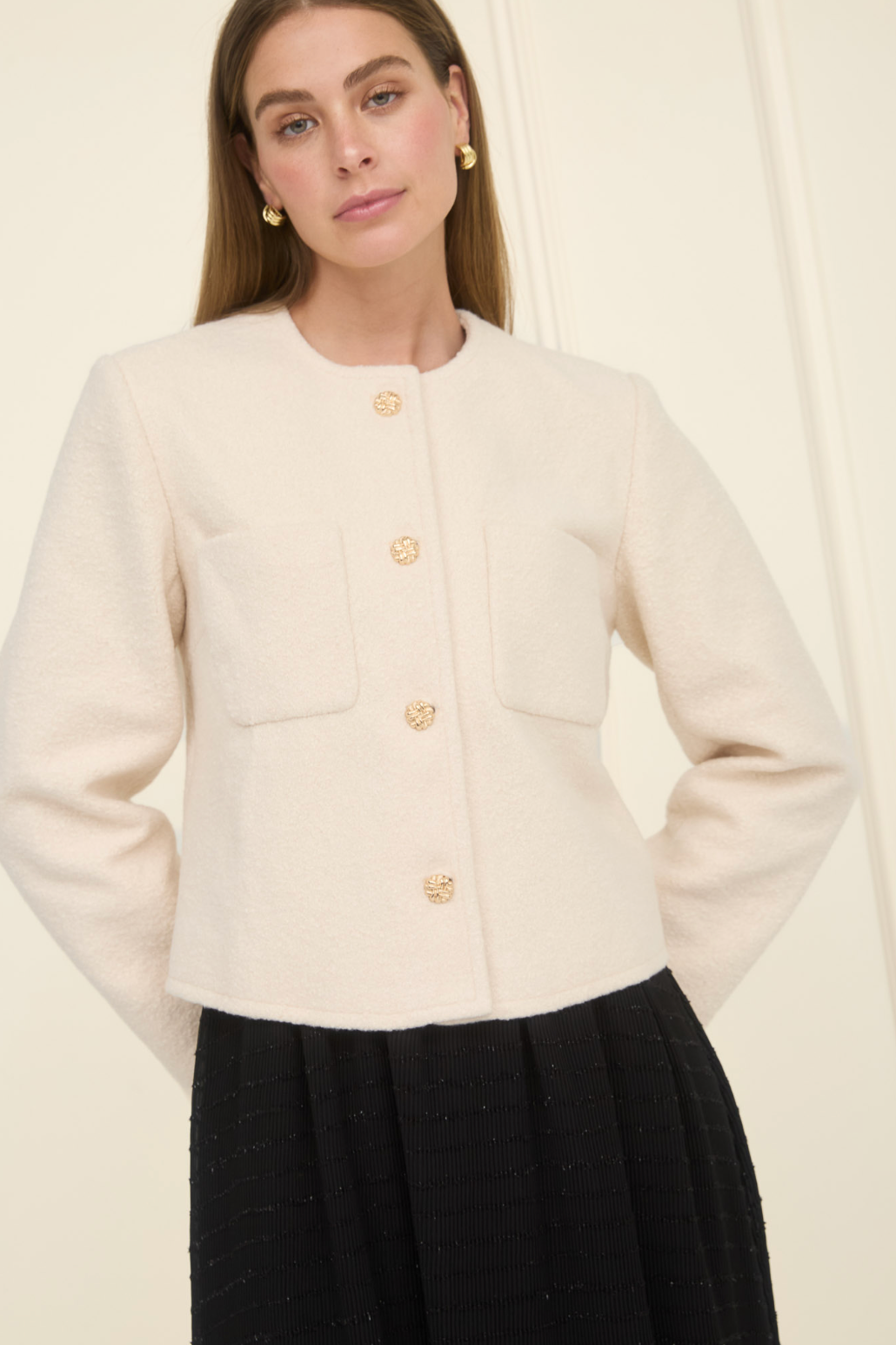 Gold Button Pocket Detail Jacket - Ivory
