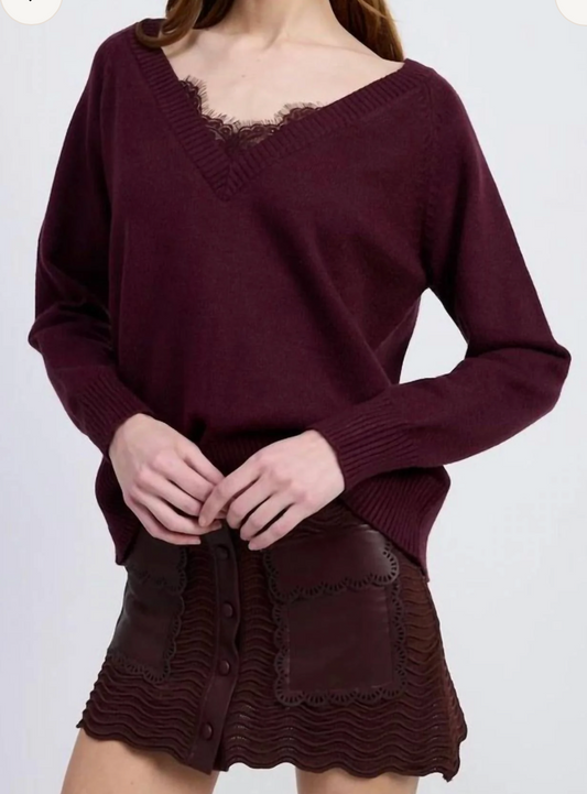 Lace Peekaboo Raglanknit Sweater - Bordeaux