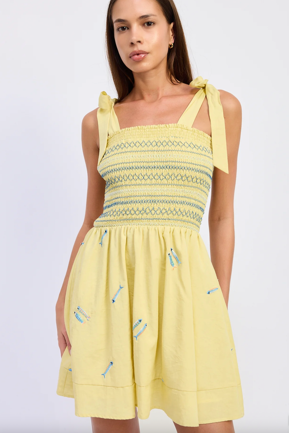 Tie Top Smocked Dress - Yellow/Blue Multi