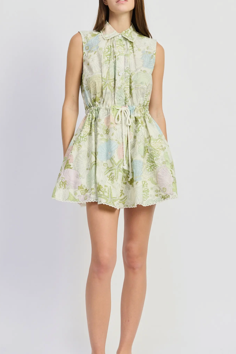 Blair Shell Print Mini Dress - Ivory/Olive Multi