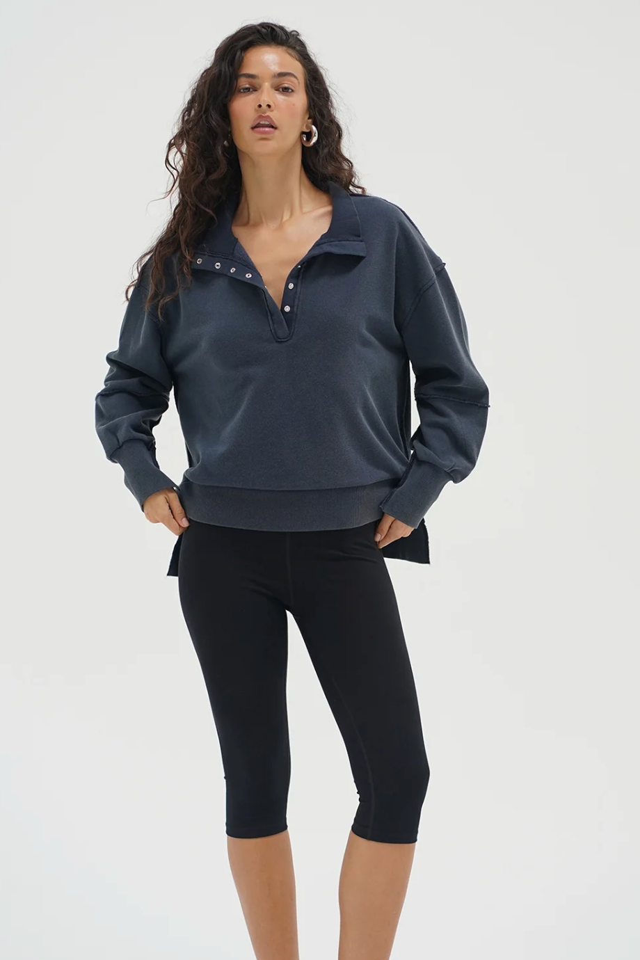 Hallie Snap Collar Pullover - Stone Wash Navy