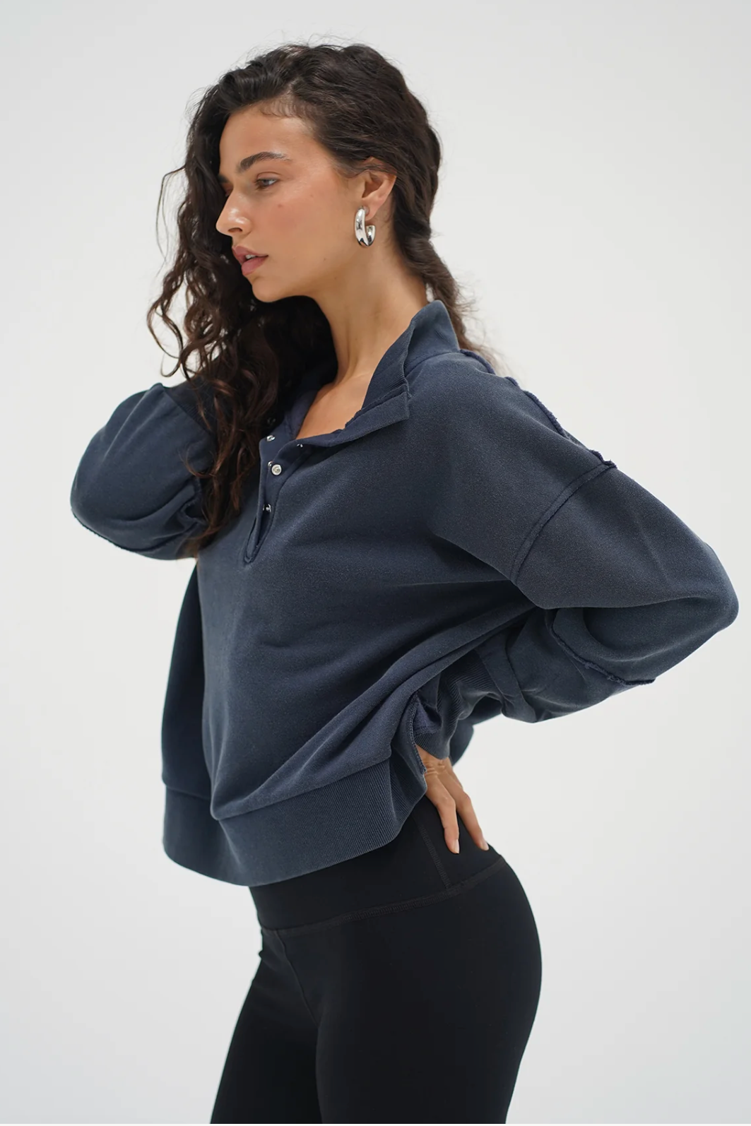 Hallie Snap Collar Pullover - Stone Wash Navy