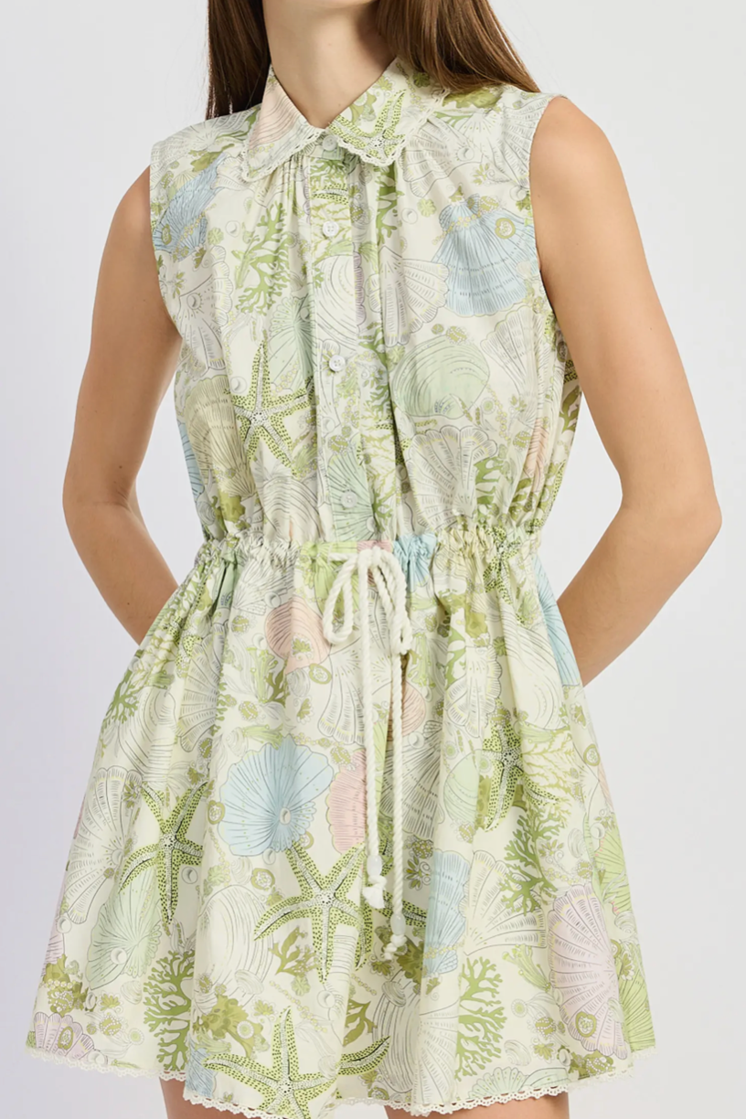 Blair Shell Print Mini Dress - Ivory/Olive Multi