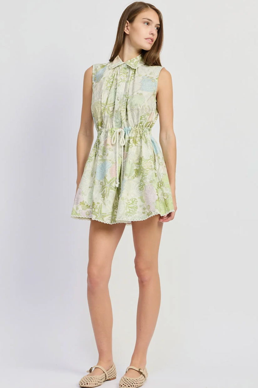 Blair Shell Print Mini Dress - Ivory/Olive Multi